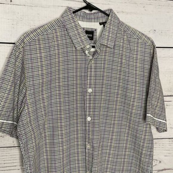 Hugo Boss Mens Shirt Size L Purple/Green Check Button Down Short Sleeve - Picture 4 of 8